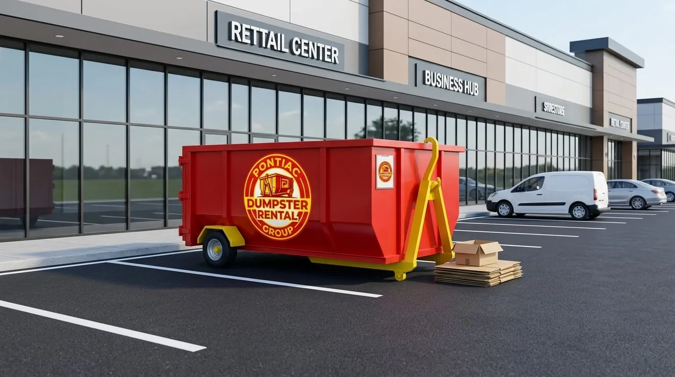 Commercial roll-off container at a Pontiac, Michigan retail centre Commercial roll-off container at a Pontiac, Michigan retail centre