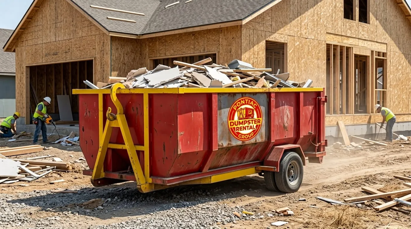 Roll-off container at a Pontiac, Michigan framing site