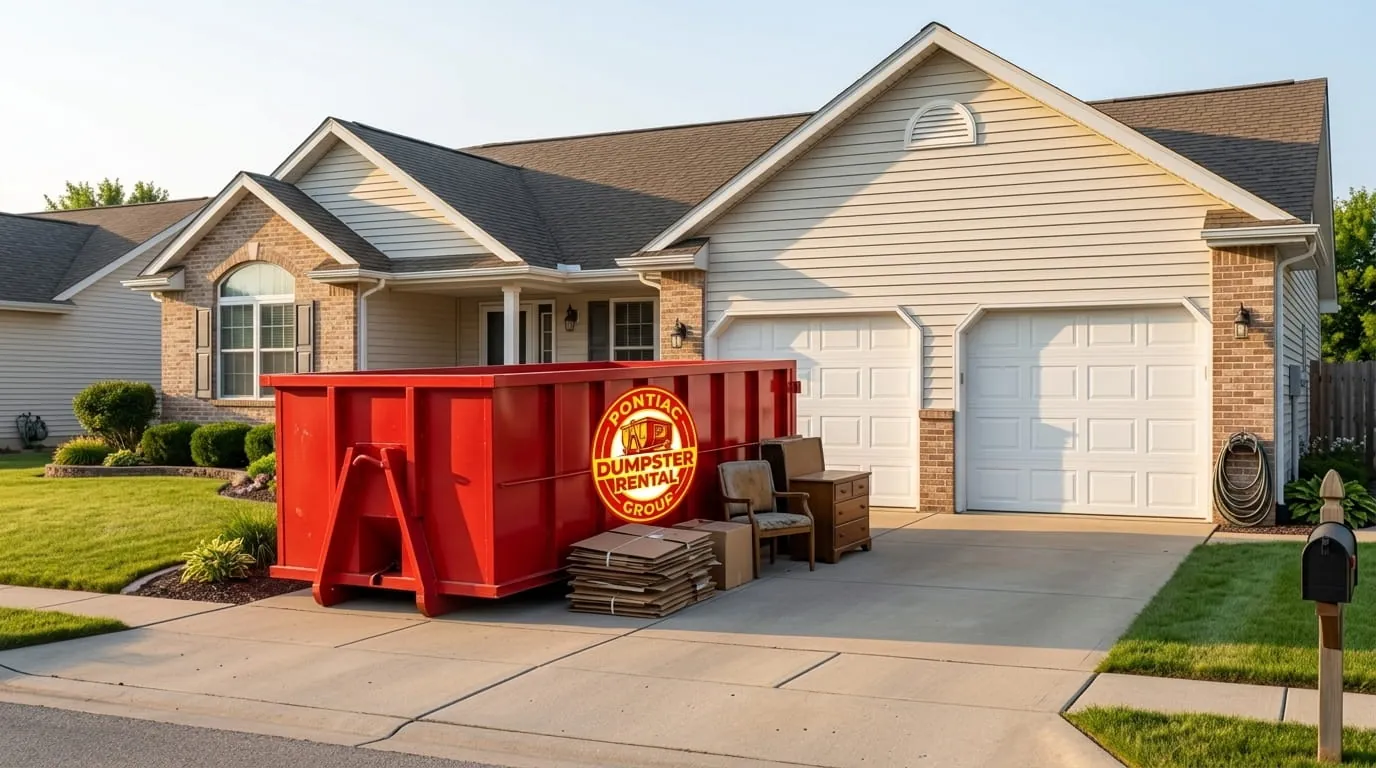 Roll-off container on a Pontiac, Michigan driveway during a home project