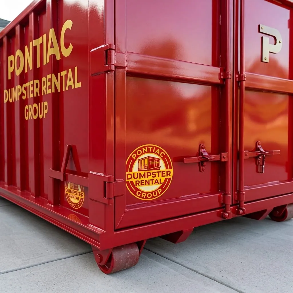 Red roll-off dumpster in service on a job site in Pontiac, MI Red roll-off dumpster in service on a job site in Pontiac, MI