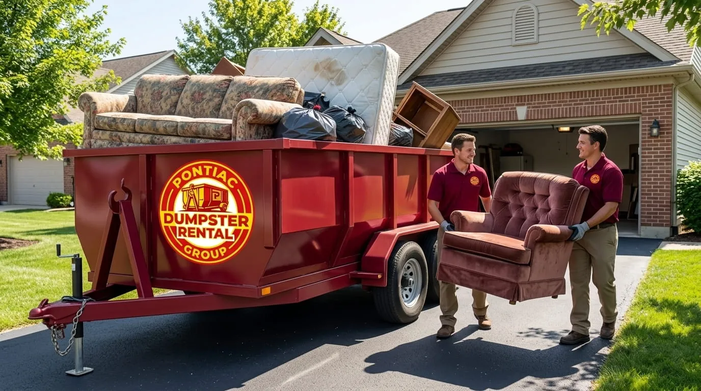 Crew carrying furniture out during a cleanout in Pontiac, Michigan