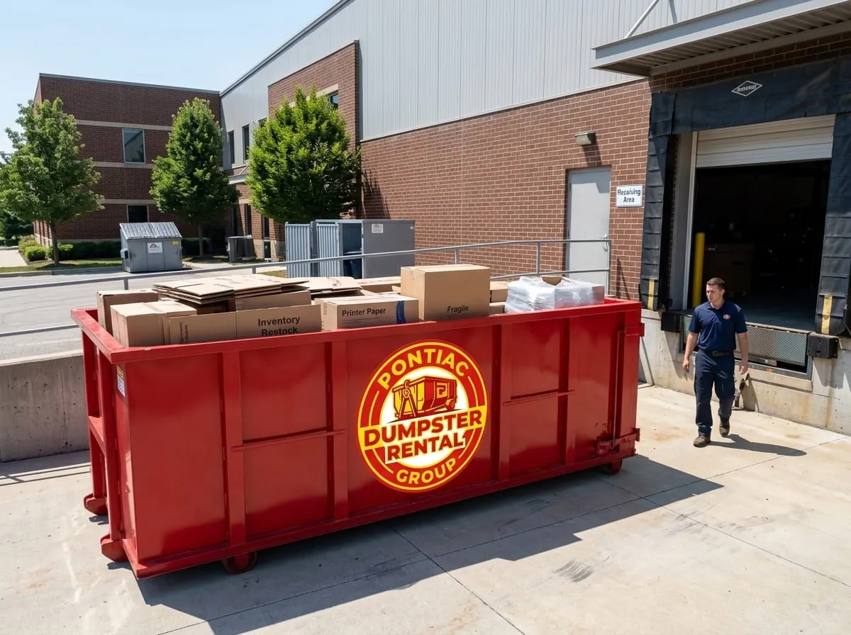 Pontiac Dumpster Rental Group roll-off container and truck working a job in Oakland County