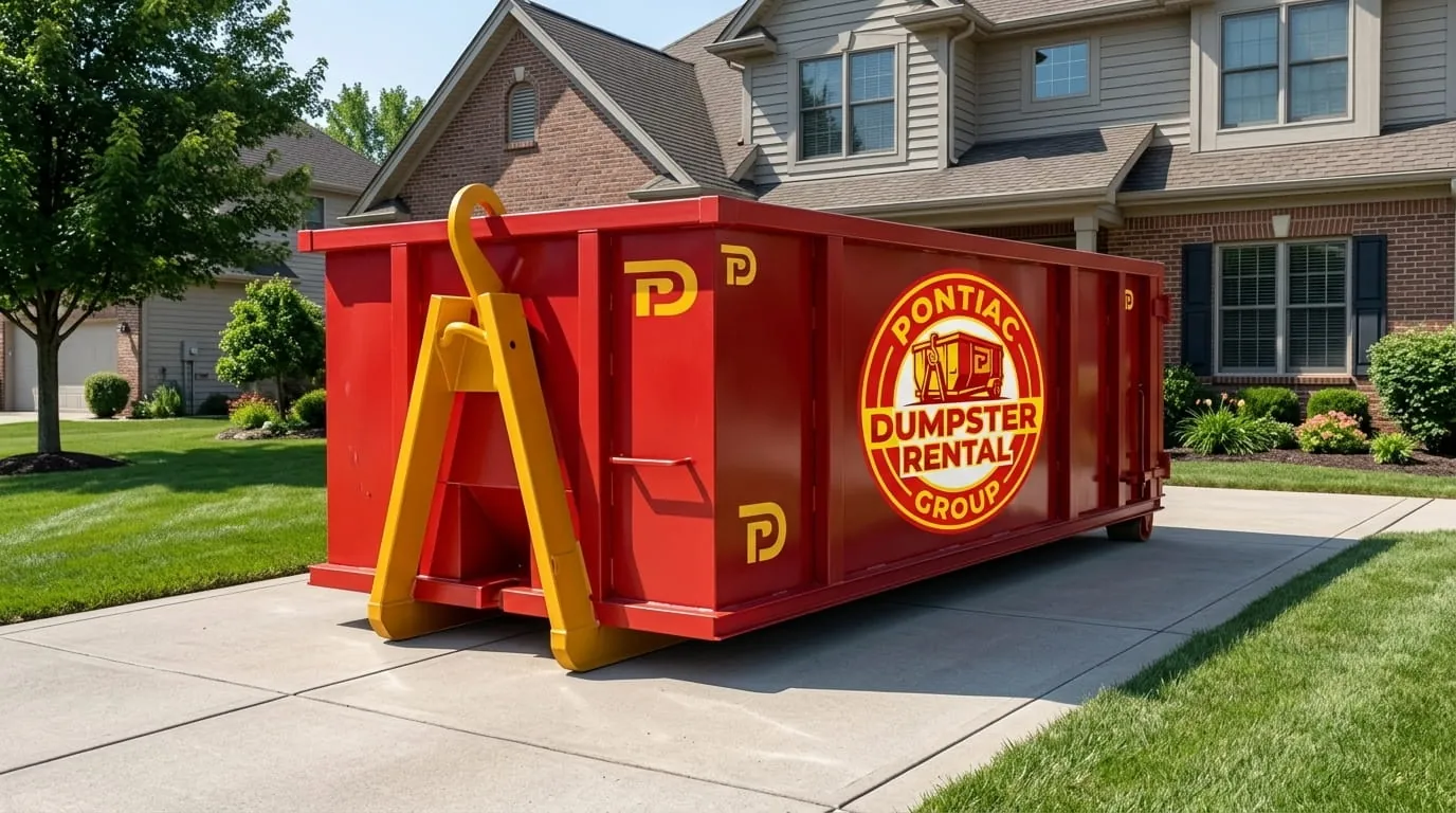 Roll-off dumpster on a residential driveway in Pontiac, Michigan Roll-off dumpster on a residential driveway in Pontiac, Michigan