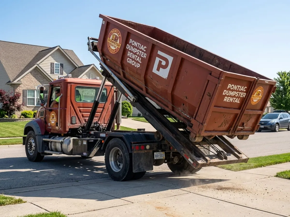 Roll-off truck tipping a container into place in Pontiac, Michigan