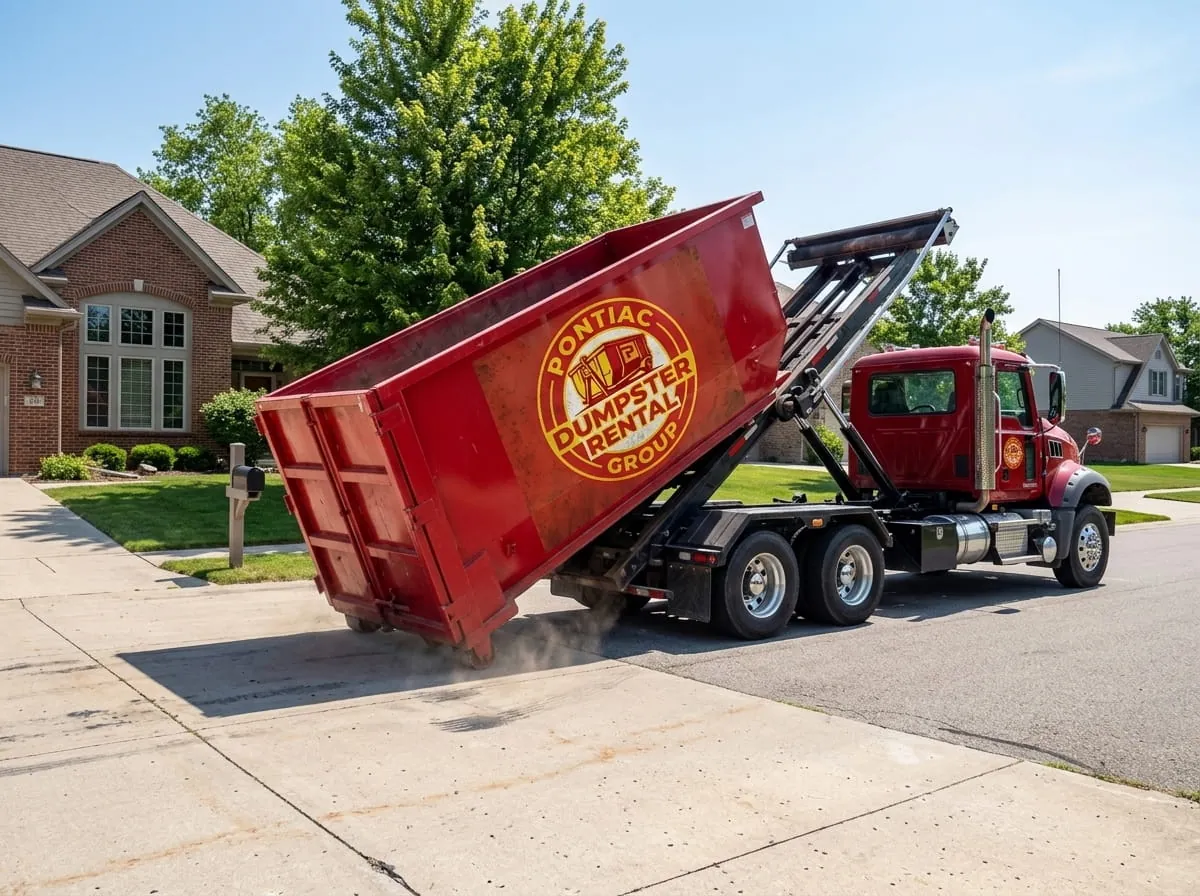 Pontiac Dumpster Rental Group roll-off truck delivering a dumpster on a street in Pontiac, MI Pontiac Dumpster Rental Group roll-off truck delivering a dumpster on a street in Pontiac, MI