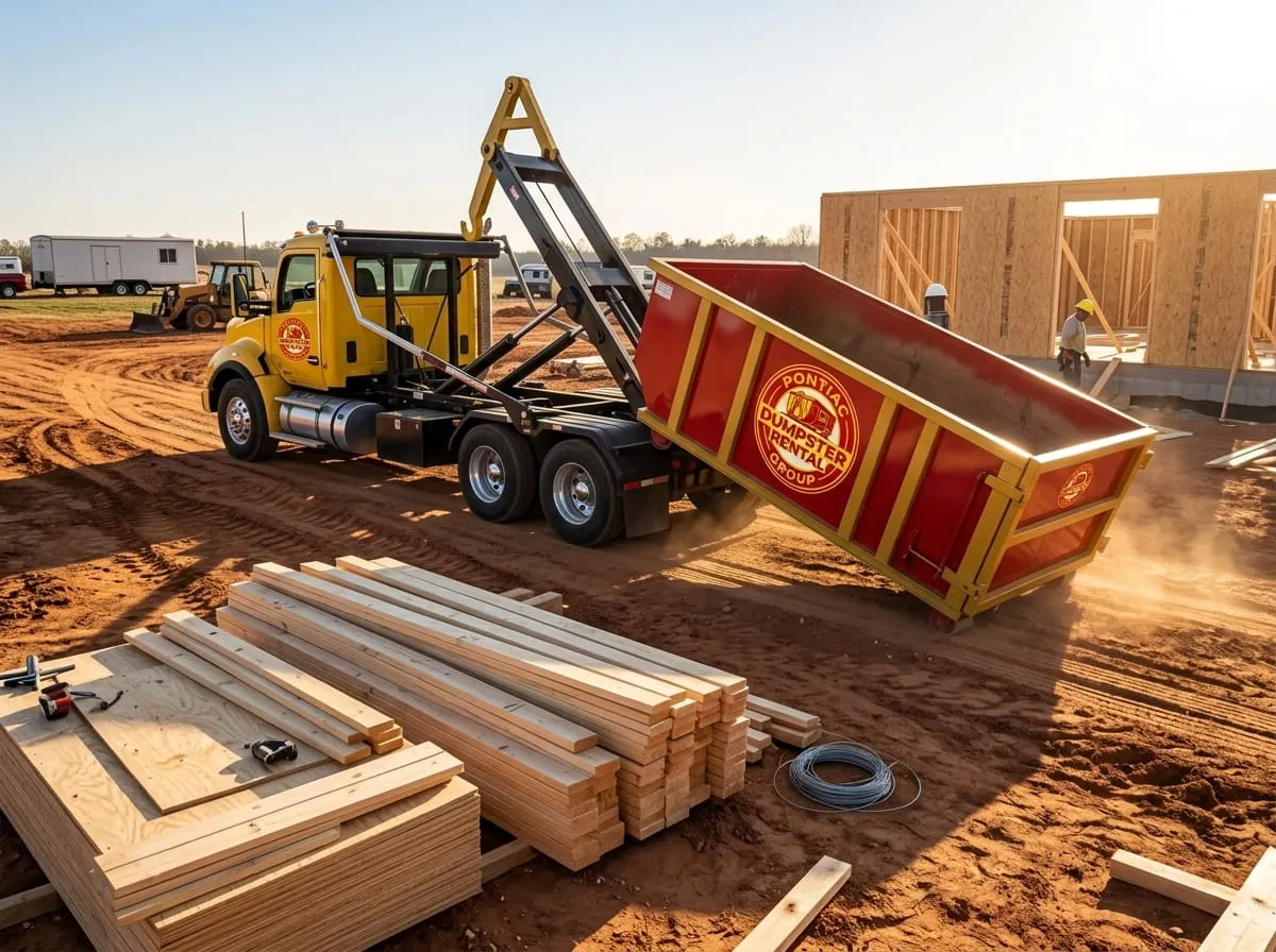Roll-off container and framing lumber at a Pontiac, Michigan build site